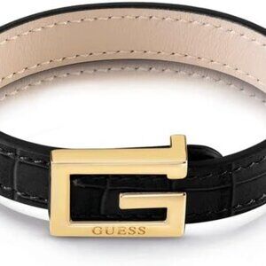 GUESS BLACK LEATHER BRACELET with CLASSIC GOLD EMBOSSED LOGO CLIP